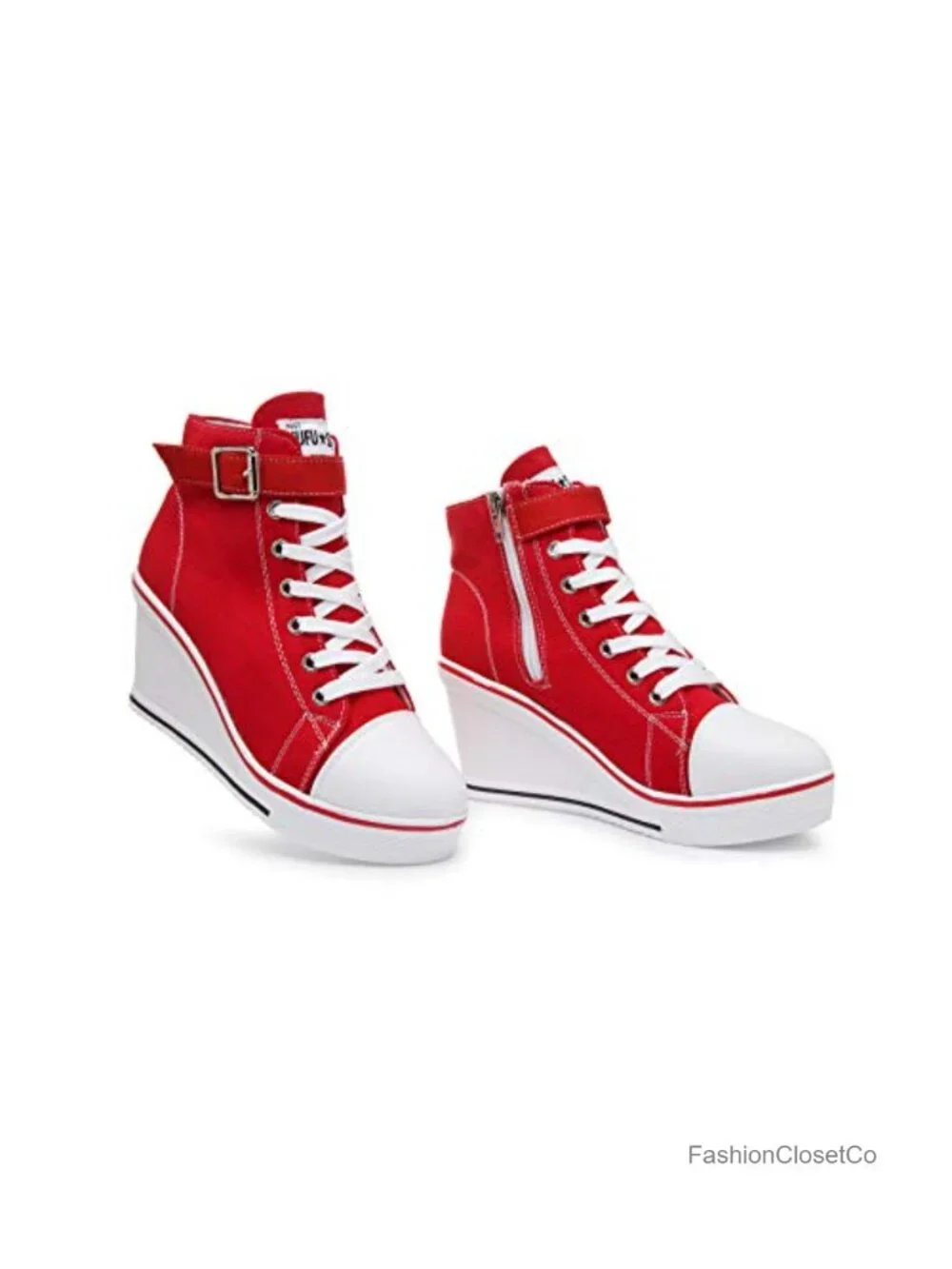 Women's Canvas High-Heeled Platform Wedge Sneakers, Lace-Up, Breathable, Rubber